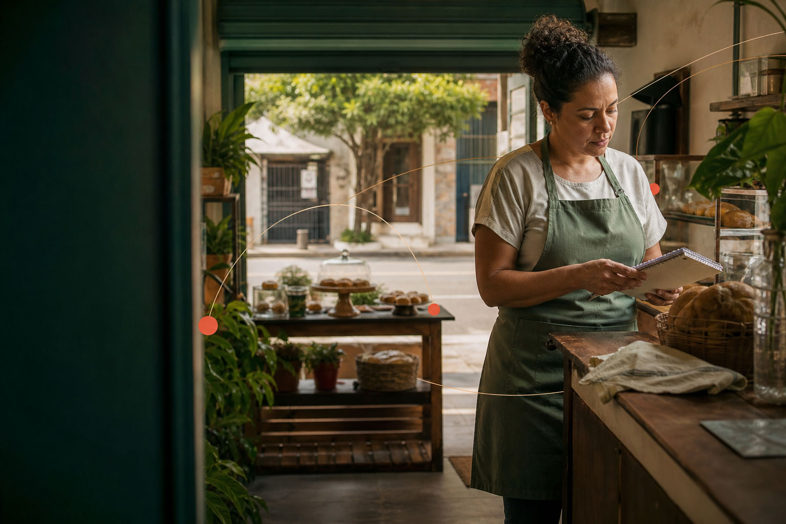 Mulher empreendedora conferindo anotações no balcão do próprio negócio.